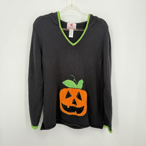 Quacker Factory Womens L Halloween Pumpkin Sweater Hoodie Knit Top - Picture 1 of 13